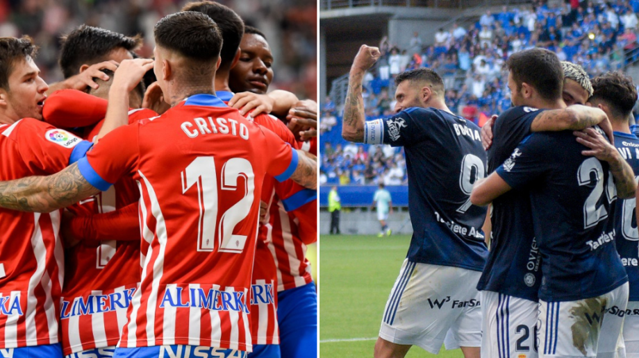 Sporting y Real Oviedo celebran un gol.